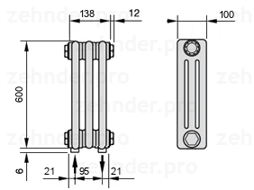 Схема (чертеж) Радиатор Zehnder Charleston 3060/3 №5310 Белый глянцевый RAL 9016